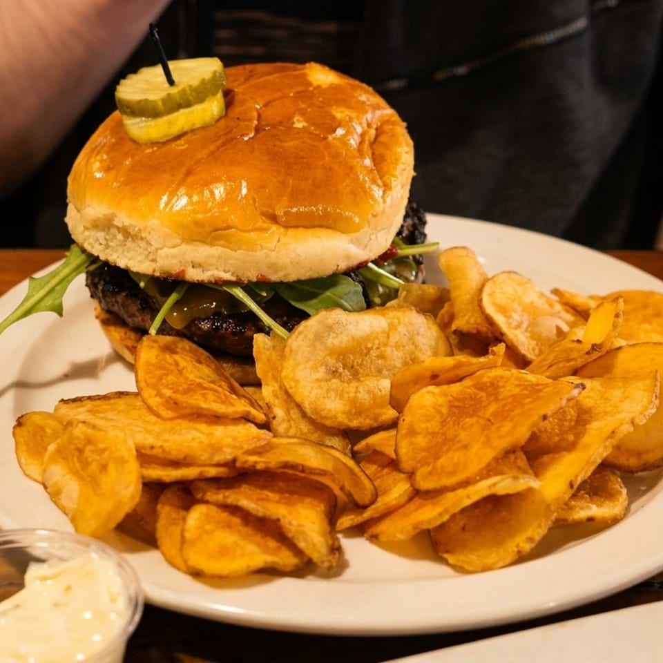 A burger with arugula and a pickle on top, served with a side of golden potato chips.