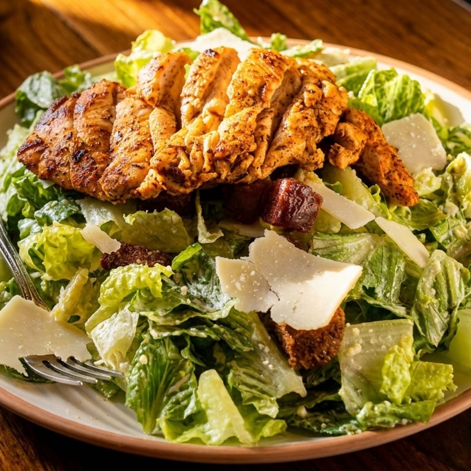 Grilled chicken Caesar salad with romaine lettuce, croutons, and parmesan cheese on a wooden table.