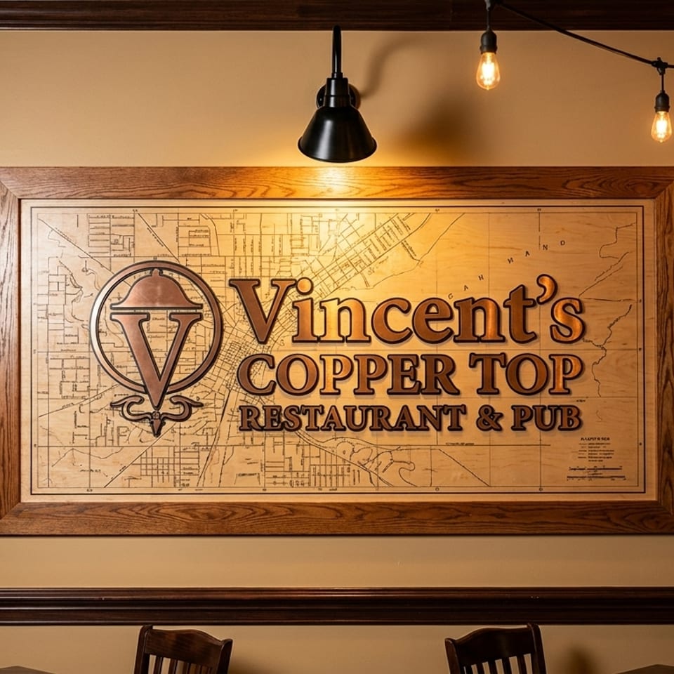 Vincent's Copper Top Restaurant & Pub sign, a wooden map with copper lettering, illuminated by string lights.