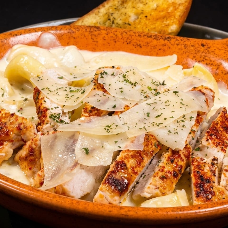 Creamy chicken pasta with shaved parmesan and parsley in an orange skillet, with garlic bread.