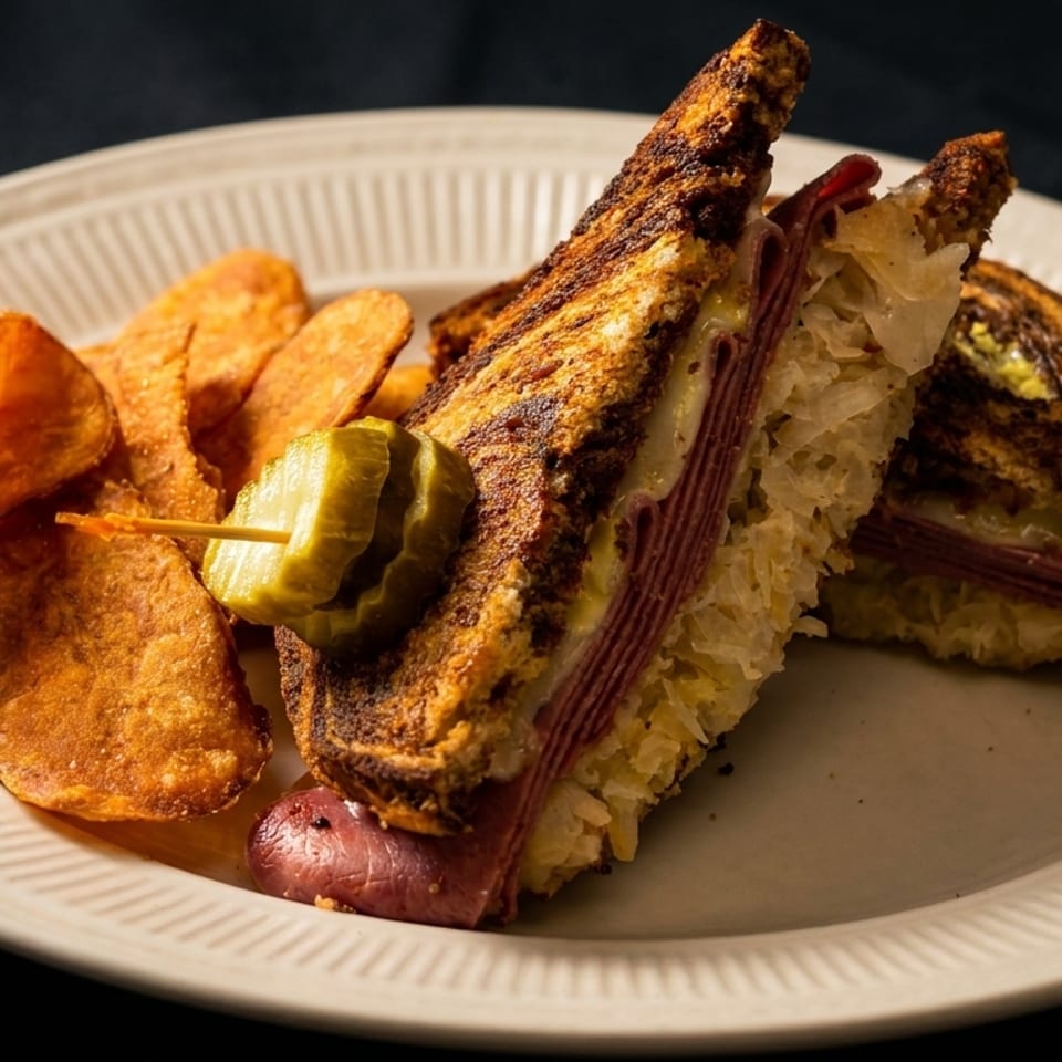 A reuben sandwich with pastrami, sauerkraut, and cheese, served with potato chips and a pickle.