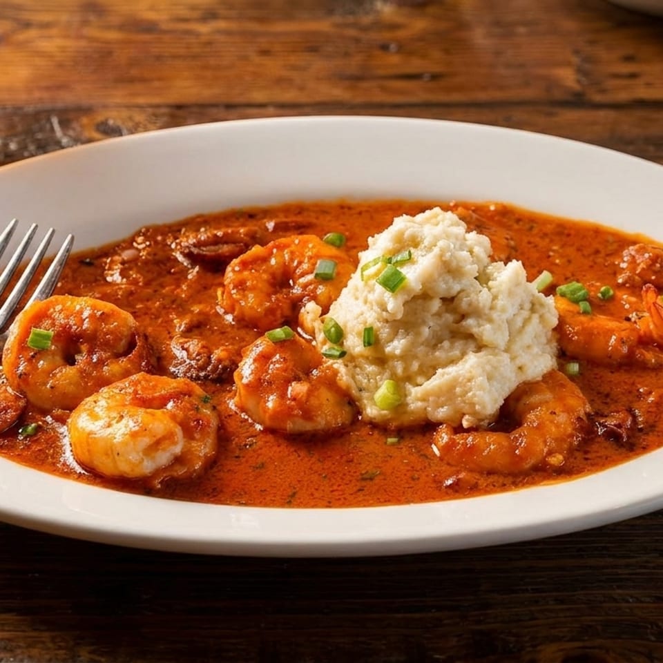 Shrimp and grits in a red sauce, garnished with green onions, on a white plate with a fork.